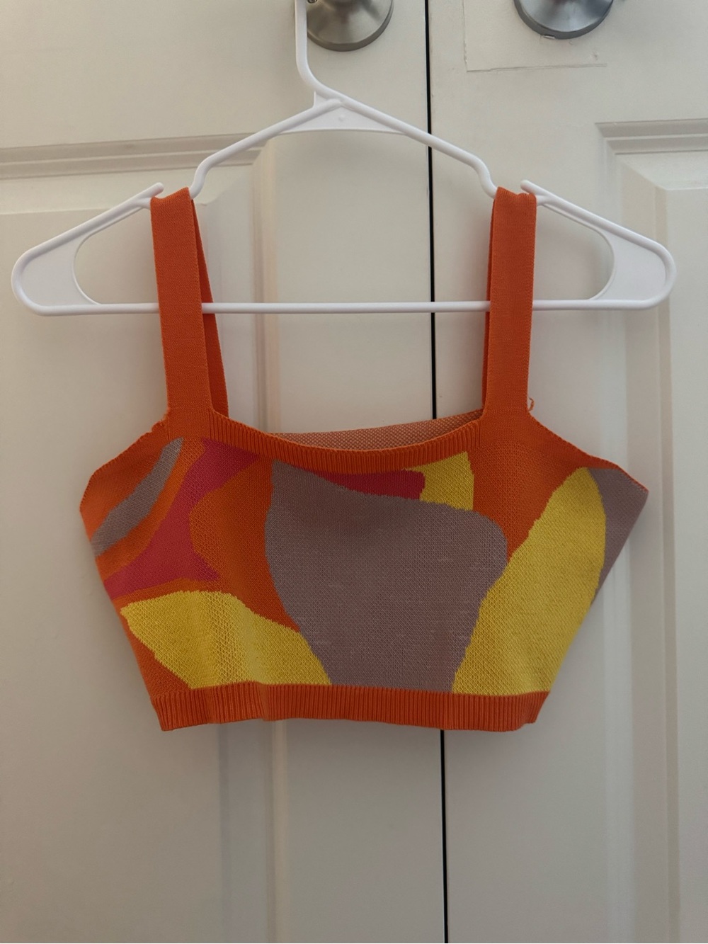 Colorblock Knit Crop Tank & Short Set - Orange, Yellow, Taupe